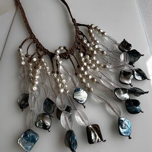 Chico’s  dangling necklace/ silver tone/ brown macramé chain/ blue shells